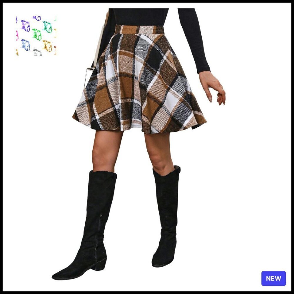 Plaid Flannel Skater Skirt High Waisted Flared Vintage Work Spring Skirts